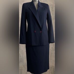 VTG Dividends Navy DoubleBreasted 100% Worsted Wool Jacket Sz10 Skirt Sz12T Suit